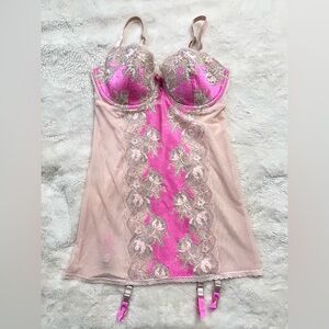 Victoria’s Secret Sheer Pink Lace Chemise with garters 36D